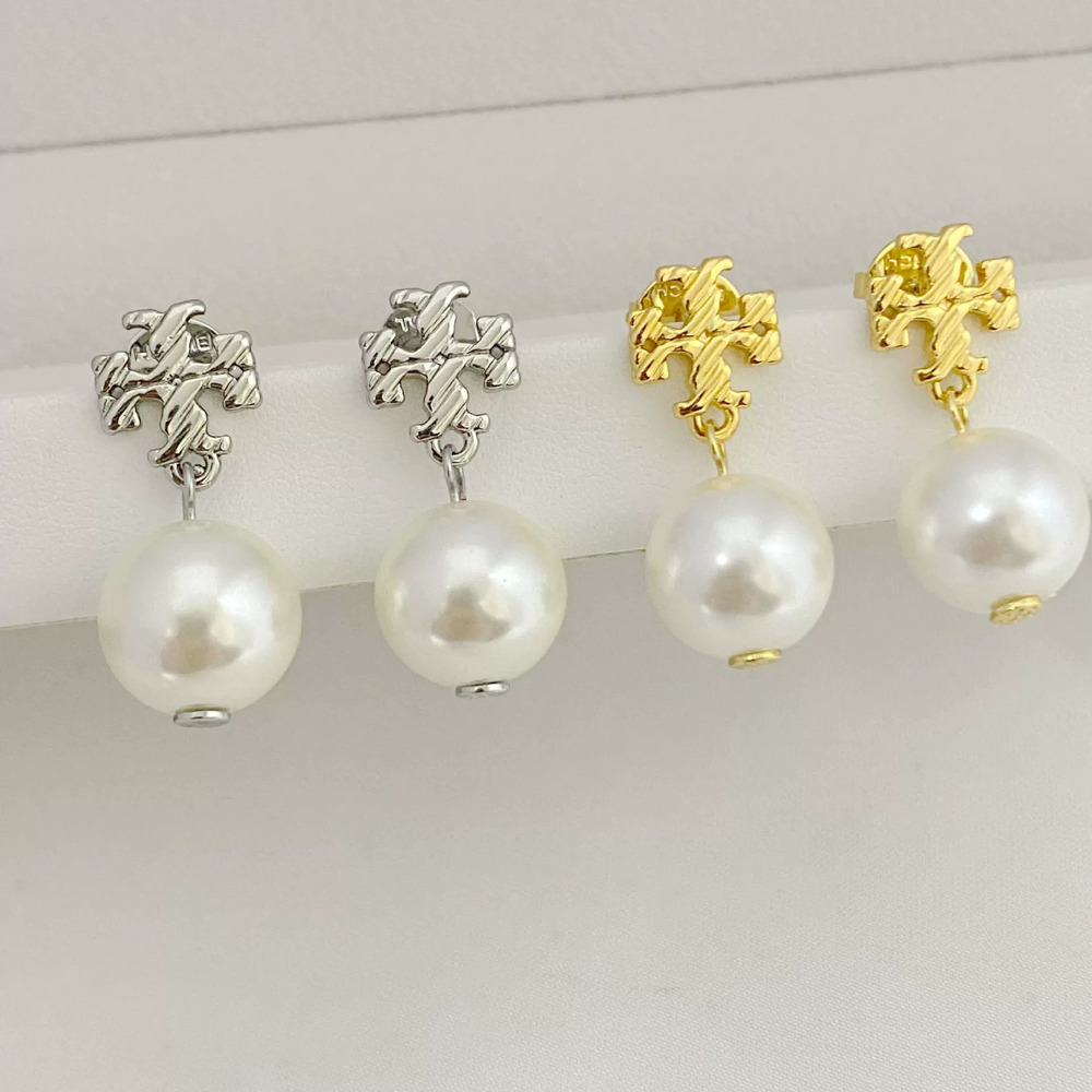 Tory Burch Faux Pearl Inlaid Letter Metal Earrings
